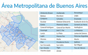 Mapa del AMBA en tonos celestes, más un grafico con los nombres de las ciudades que integran la región.