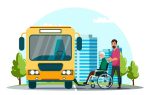 Imagen ilustrada en el que se ve a un anciano en silla de ruedas y a un joven, que lo acompaña, subirse a un colectivo público color amarillo
