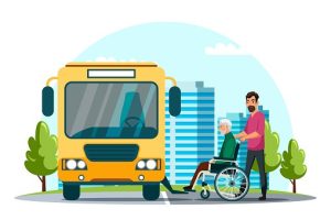 Imagen ilustrada en el que se ve a un anciano en silla de ruedas y a un joven, que lo acompaña, subirse a un colectivo público color amarillo