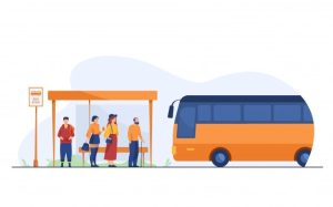 Imagen ilustrada de una parada de colectivo con dos chicas, un chico y un anciano con bastón que están a punto de subirse a un colectivo público naranja y azul.