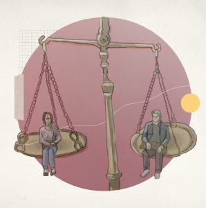 Ilustración de una balanza con un hombre y una mujer sentados sobre los platos, con sus pesos equilibrados.